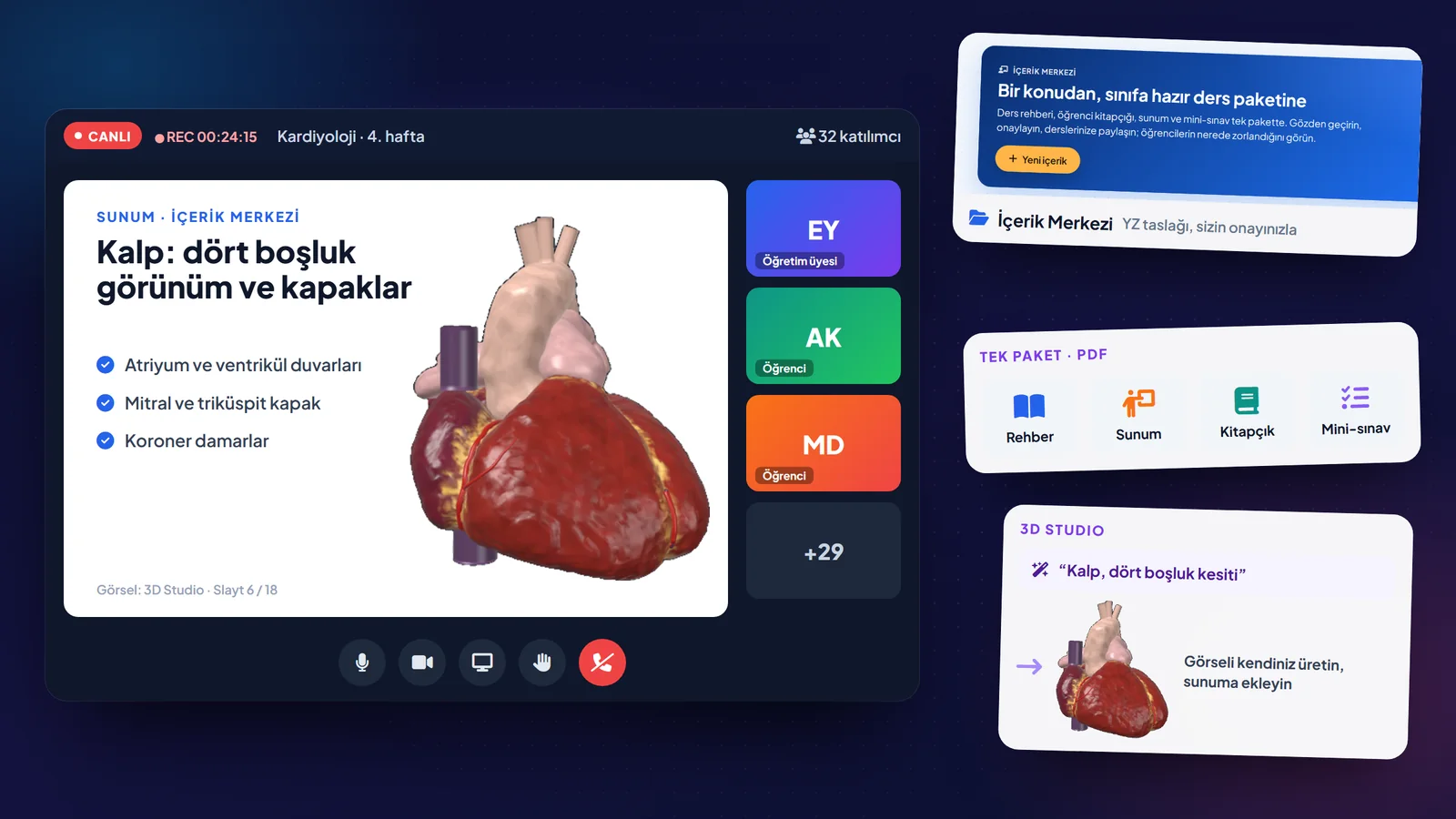 İçerik Merkezi sunumuyla canlı ders, tek paket PDF ve 3D Studio ile üretilen kalp modeli