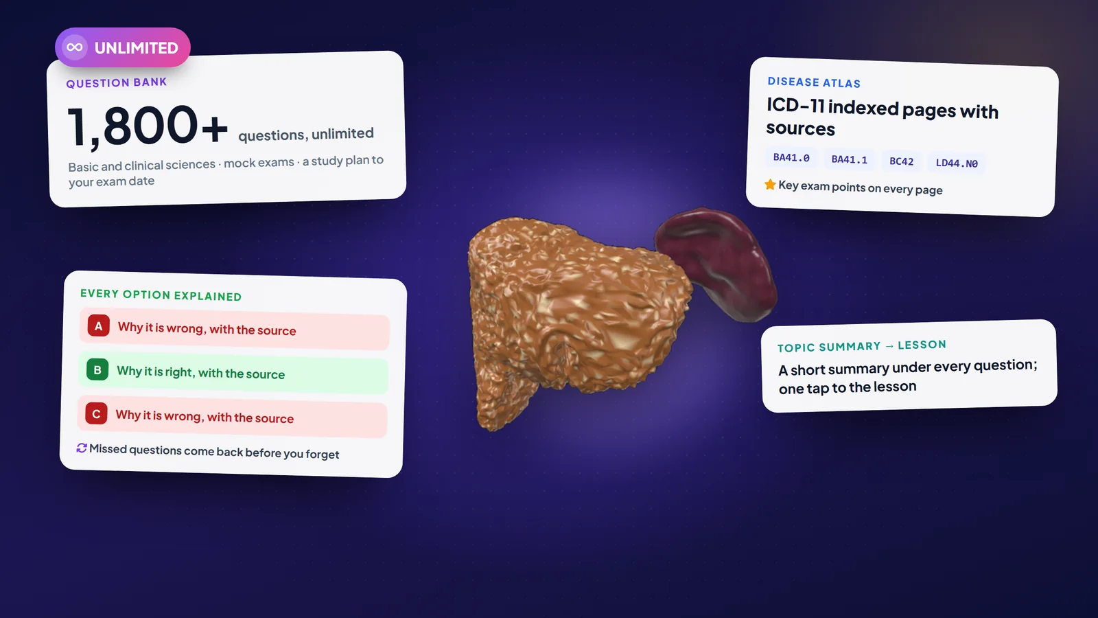 Exam prep: the question bank, every option explained, the Disease Atlas and topic summaries